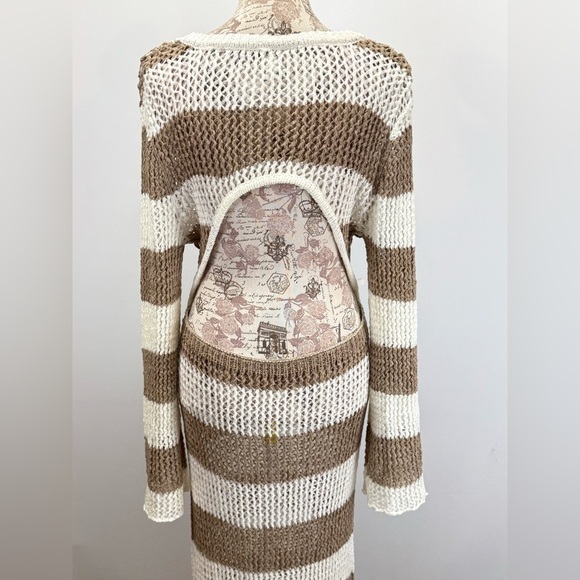 RIVER ISLAND Cream and Tan Striped long sleeve open back Swim Coverup size L - Picture 7 of 16